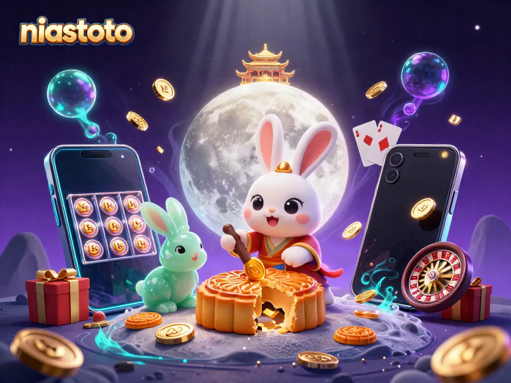 Kelinci yang menggambarkan tema kasino dengan permainan slot dan chip poker dalam ilustrasi 3D niastoto