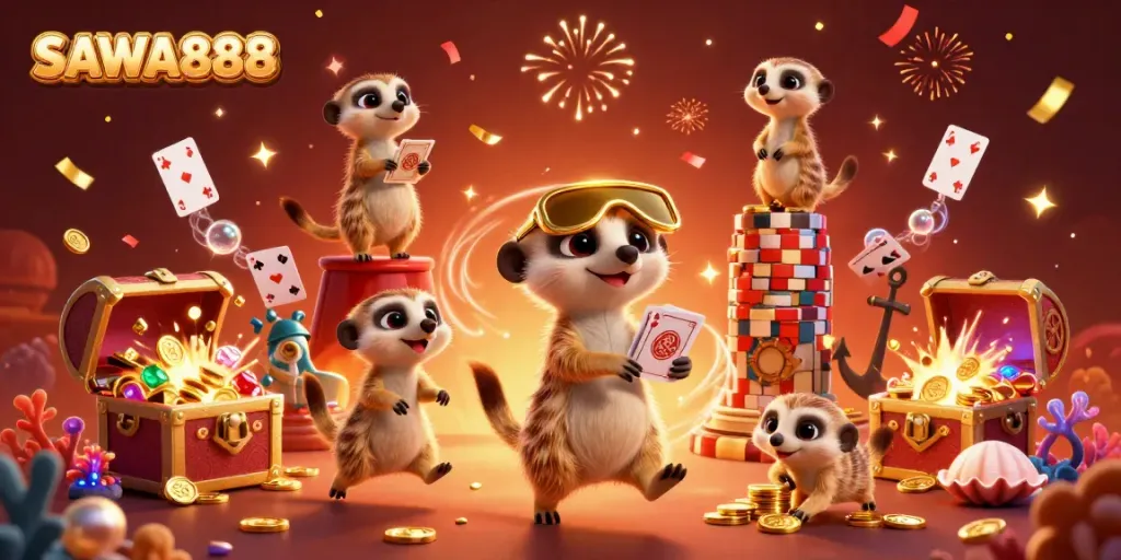 Engage with SAWA888 through an exciting meerkat casino scene filled with vibrant treasures.