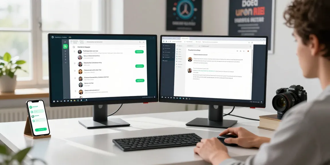 User accessing WhatsApp電腦版 from desktop with dual monitors and smartphone notifications in a modern workspace.