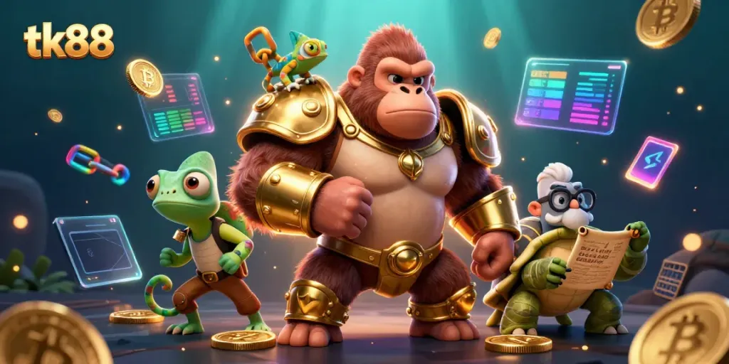 Experience tk88 excitement with a powerful gorilla in armor and gambling elements in a dynamic scene.
