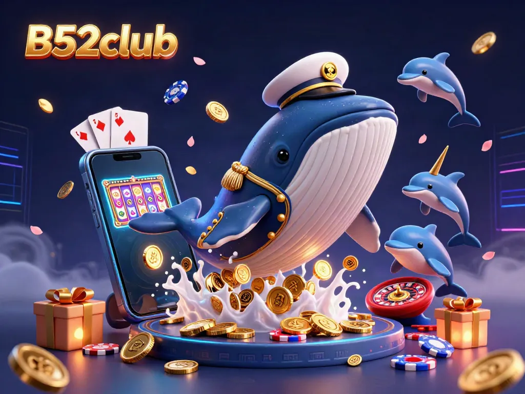 Playful dolphins and a captain whale embody the vibrant gaming spirit of B52club.