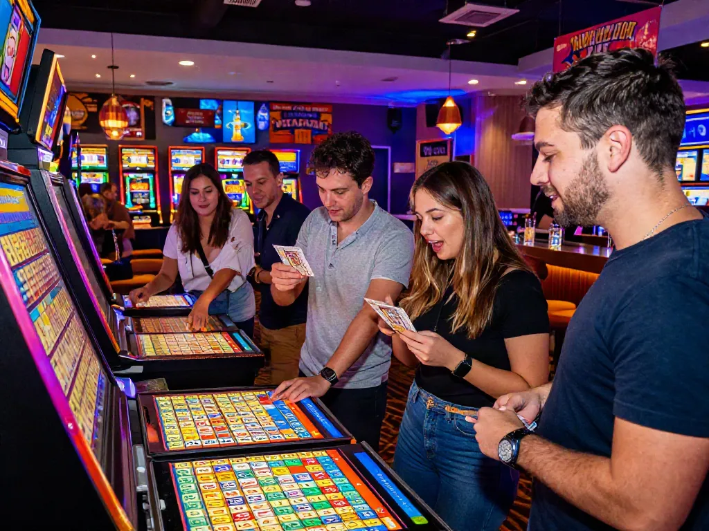 Exciting Seributoto lottery gaming scene with friends celebrating ticket wins in vibrant hall.