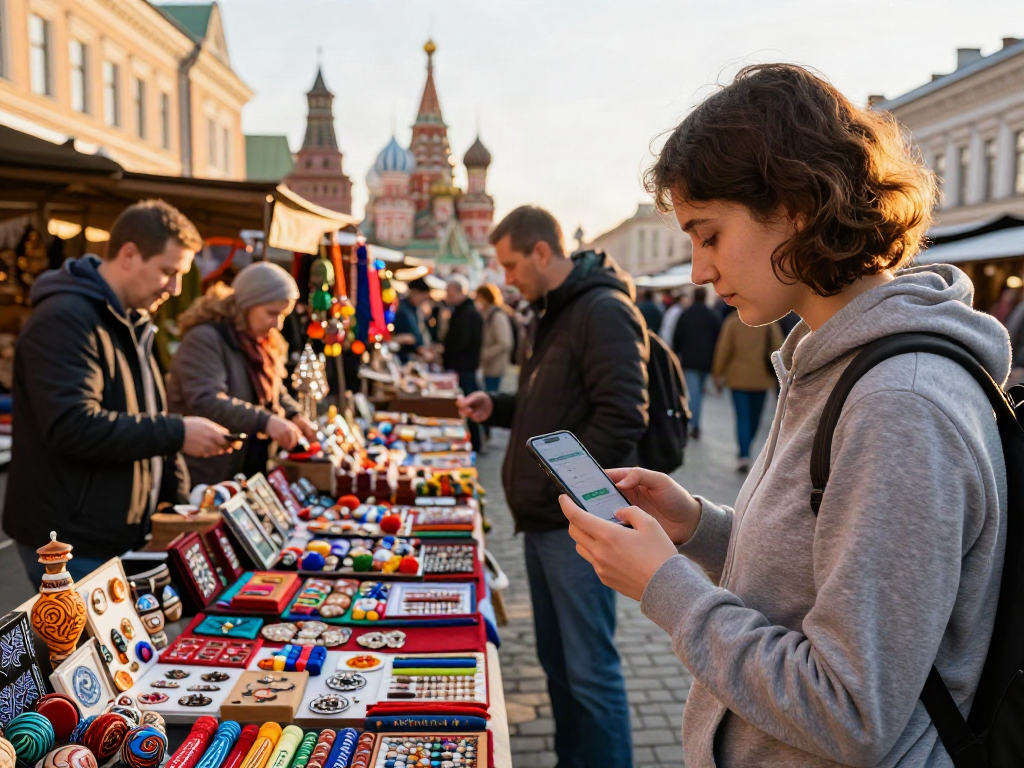 Dalam pasar Rusia yang ramai, wisatawan menggunakan aplikasi PayInRussia untuk berbelanja.
