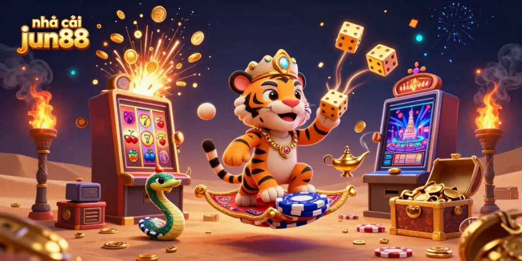 Experience the thrill at nhà cái jun88 with a visually rich illustration of a vibrant casino atmosphere.
