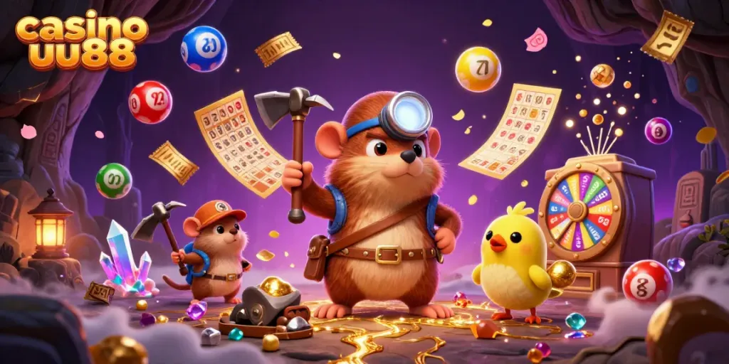Experience the thrill of casino uu88 with golden treasures and vibrant games in a magical cave scene.