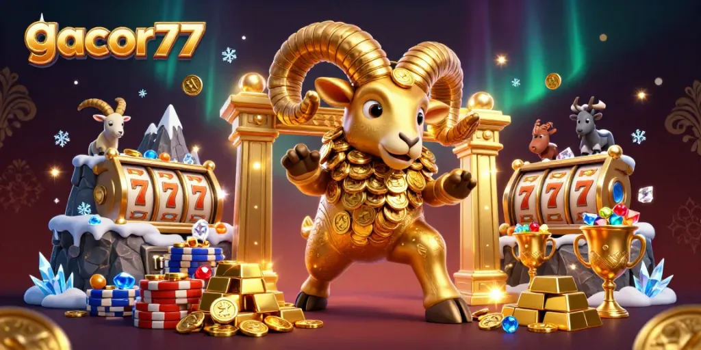 Momen kemenangan di gacor77, dengan domba emas besar dan simbol slot menanti para pemain.