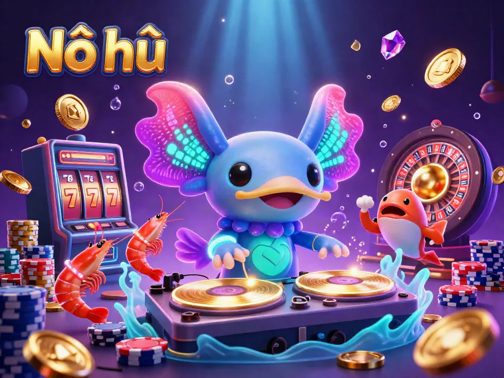Nổ hũ spins big wins in an electrifying underwater casino scene featuring vibrant axolotl DJ and shrimp dancers.
