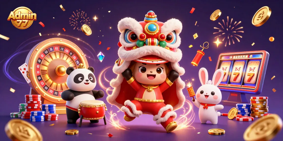 Experience the thrilling action of Admin 77 with dynamic 3D illustrations of festive casino elements.