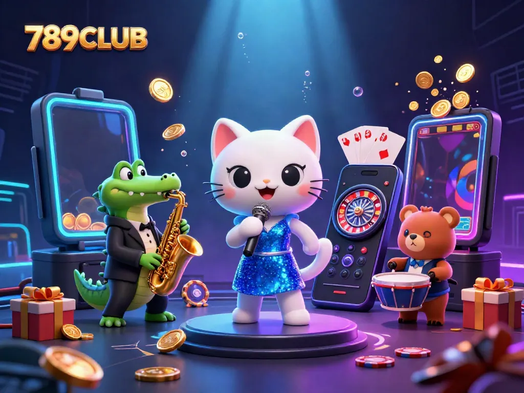 Experience the excitement of 789CLUB through this vibrant casino-themed illustration featuring lively characters and game elements.