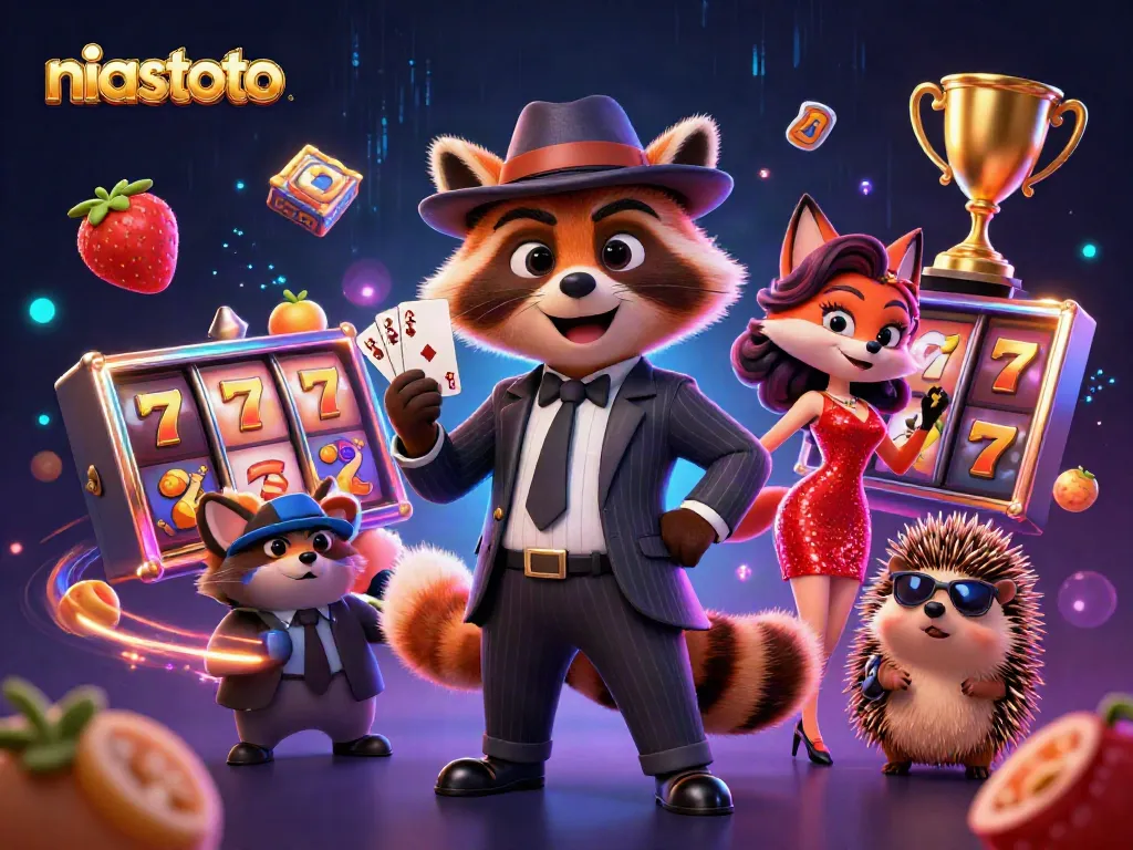 Permainan slot niastoto pada ilustrasi kasino 3D yang dinamis dan megah.