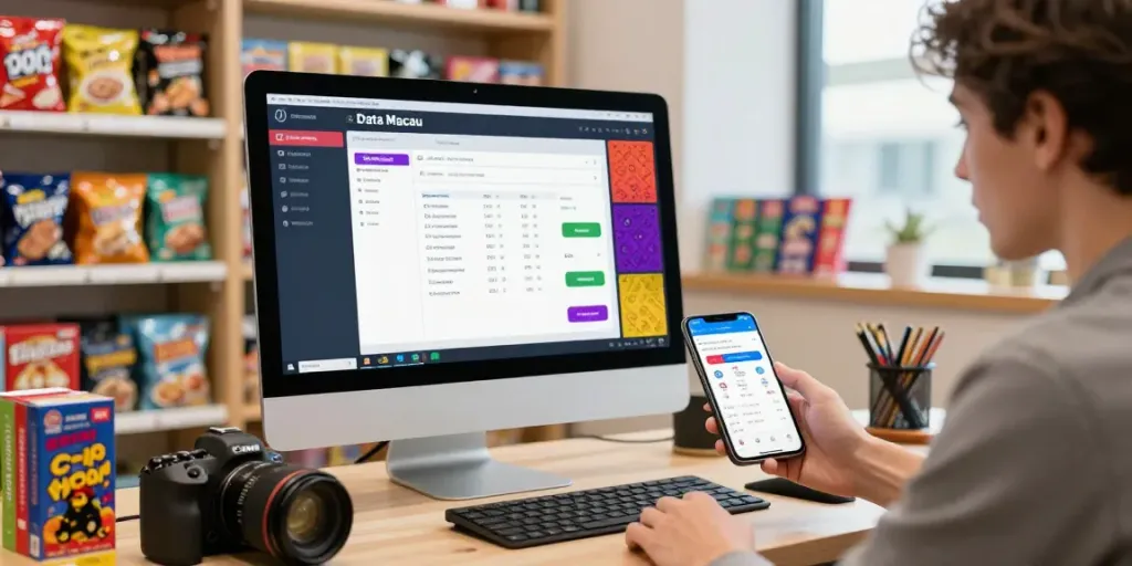 Interaksi pengguna dengan aplikasi untuk memeriksa Data Macau terbaru di ruang ritel modern.