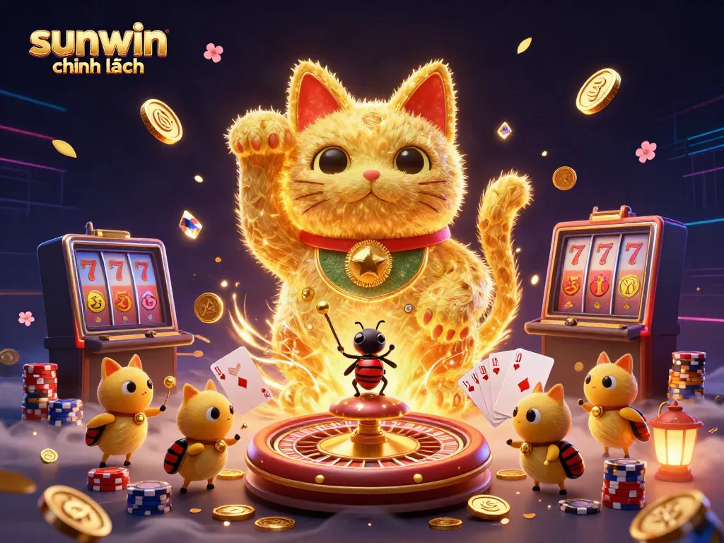 Experience the allure of sunwin chính hãng with a vibrant 3D illustration of casino symbols and golden fireflies.