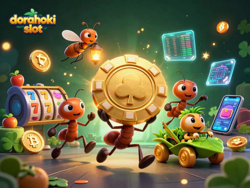 Permainan dorahoki slot dengan semut kartun membawa chip poker emas dan simbol slot.