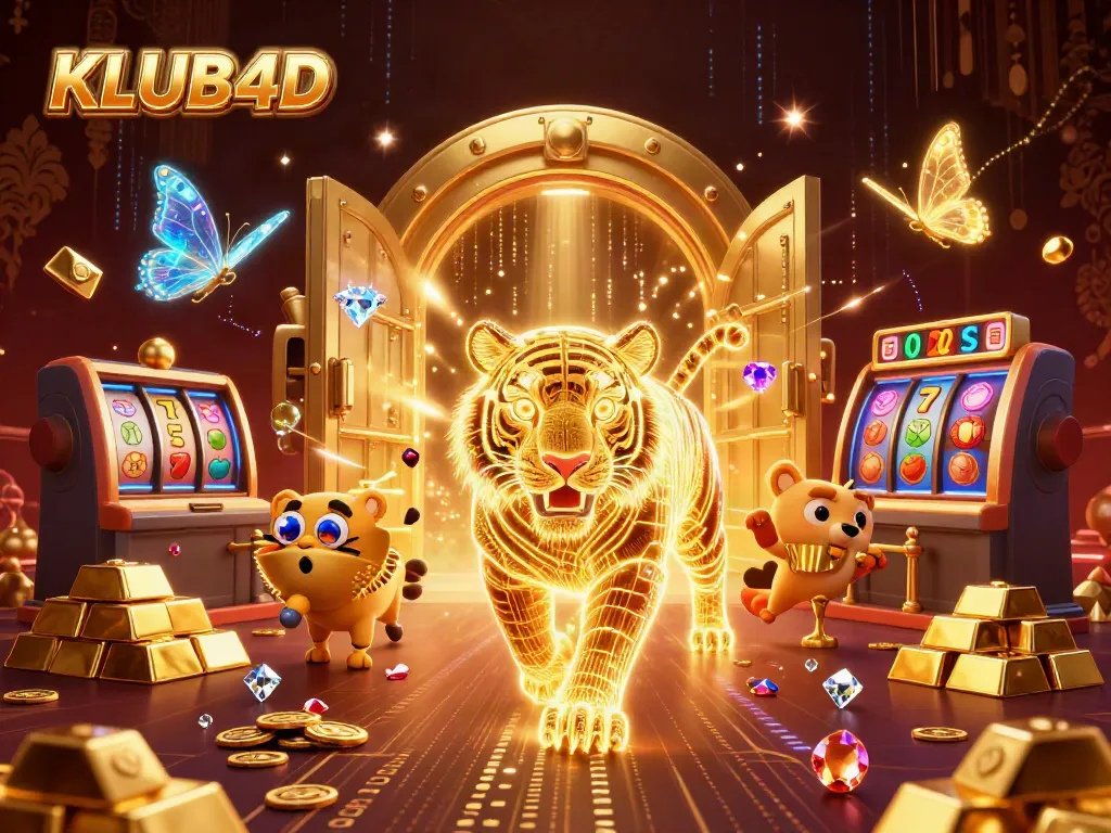 Memenangkan permainan di KLUB4D dengan tiger neon berkilauan di kasino digital raksasa.