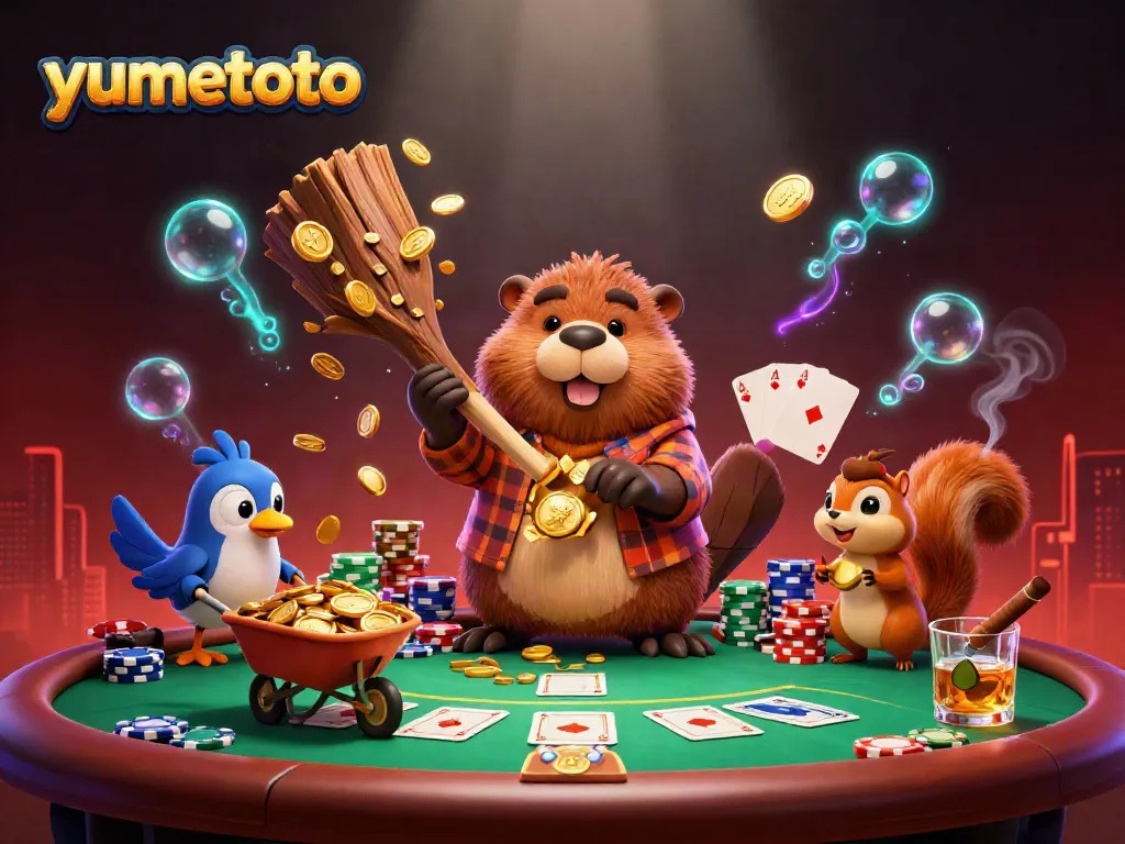 Experience the thrill of yumetoto with vibrant 3D casino characters, colorful poker elements, and an exciting backdrop.