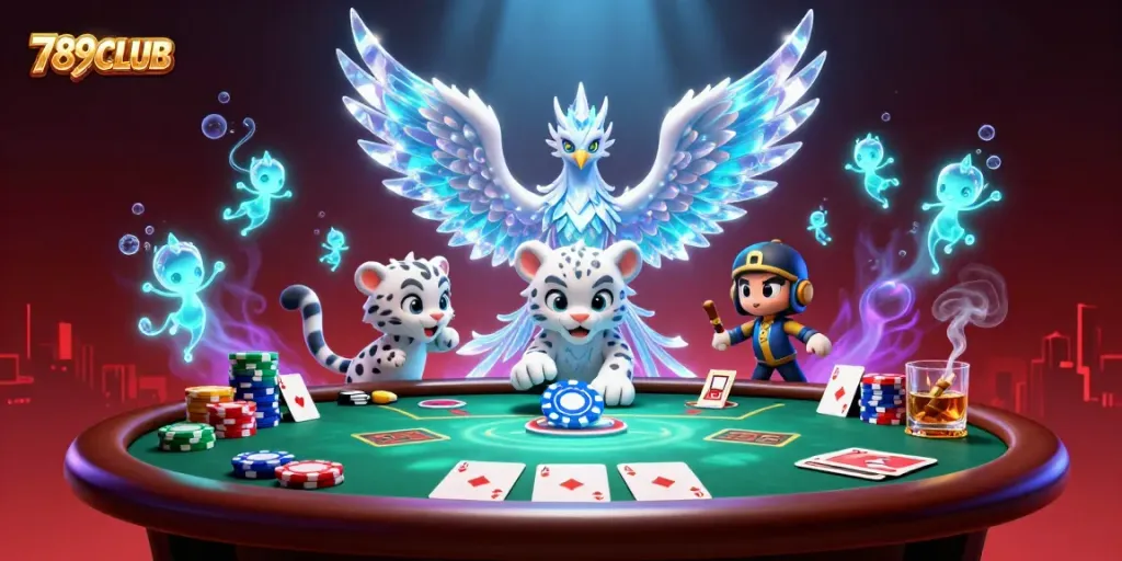 Experience the vibrant atmosphere of 789CLUB with a magical 3D scene showcasing an ice phoenix, poker action, and glowing sprites.