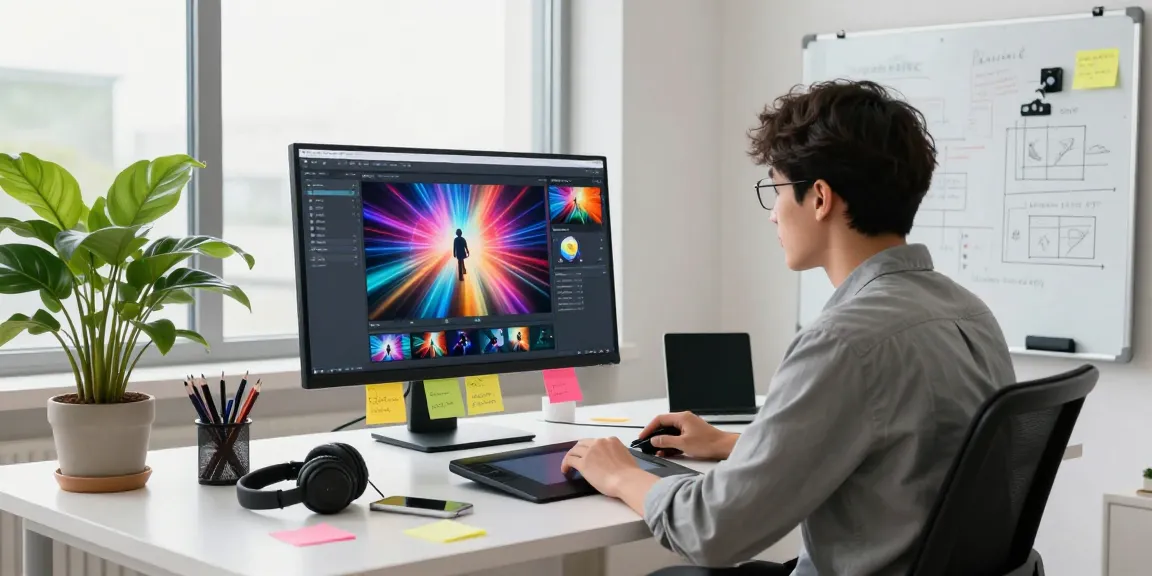 Professional using an AI video generator in a vibrant tech workspace with creative elements.