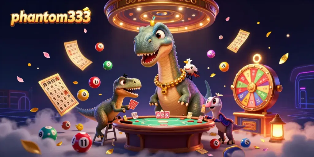 Engage in lively gameplay at phantom333 featuring dynamic card dealing from a towering brontosaurus.