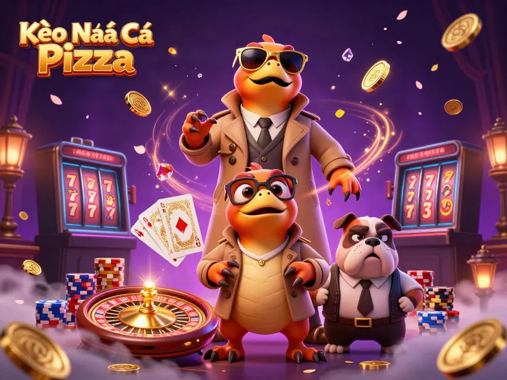 Experience Kèo Nhà Cái Pizza where raptors cleverly enter a casino amidst colorful gambling excitement.