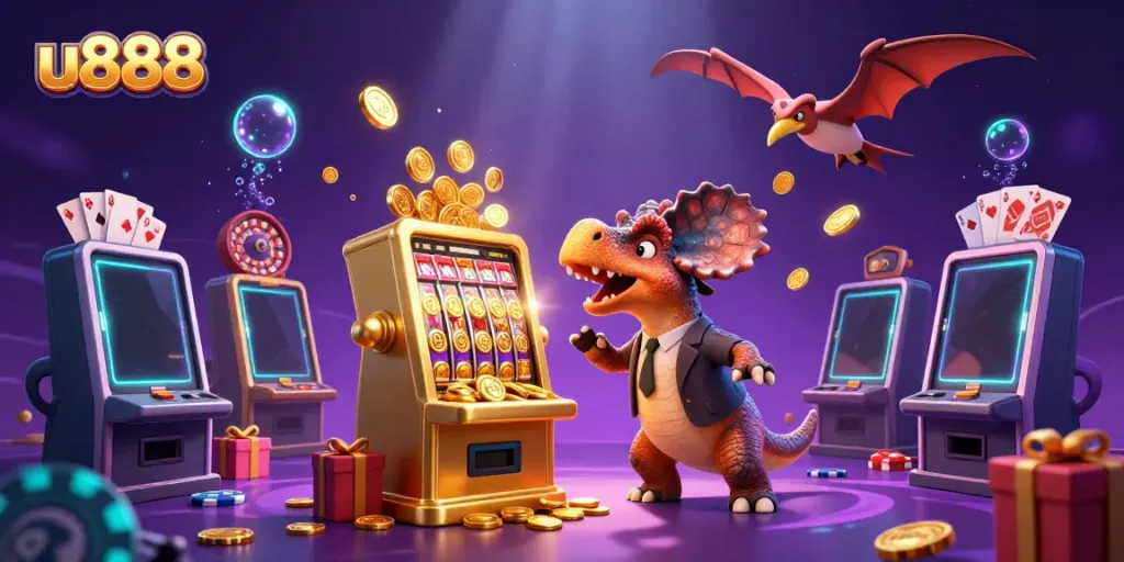 u888 highlights casino excitement as a pachycephalosaurus hits a slot machine for jackpot coins in a vibrant scene.