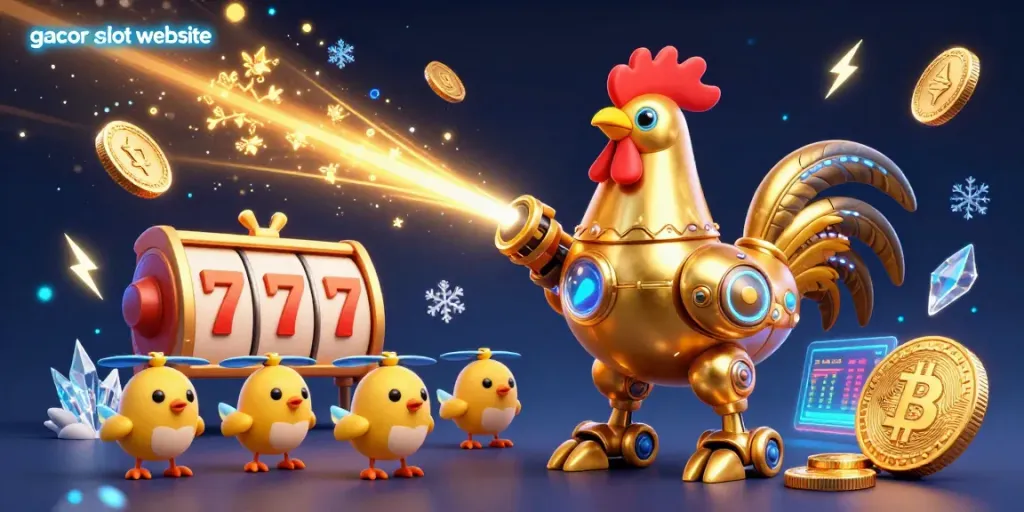 Engage with the dynamic gacor slot website featuring a golden rooster robot and slot game elements.