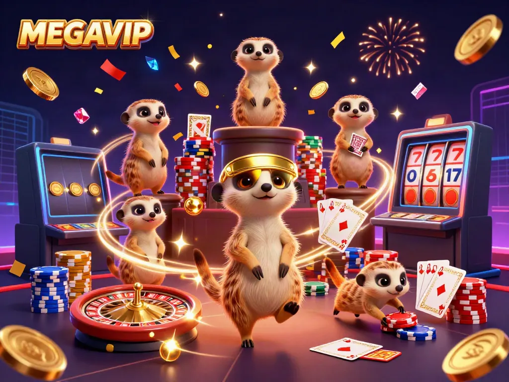 MEGAVIP menawarkan aksi seru dengan koloni meerkat yang mengelola kasino mewah penuh chip dan koin berkilauan.