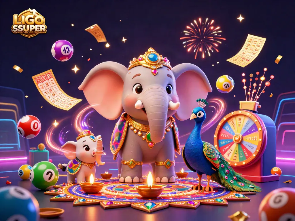 Experience the thrill of gaming with LGOSUPER in an engaging, colorful scene featuring dynamic lottery elements.