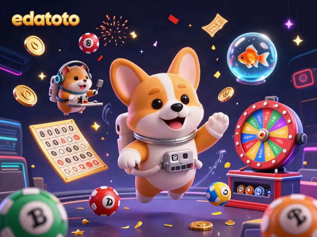 Experience the excitement of edatoto with a floating corgi astronaut in a vibrant casino scene filled with dynamic game elements.