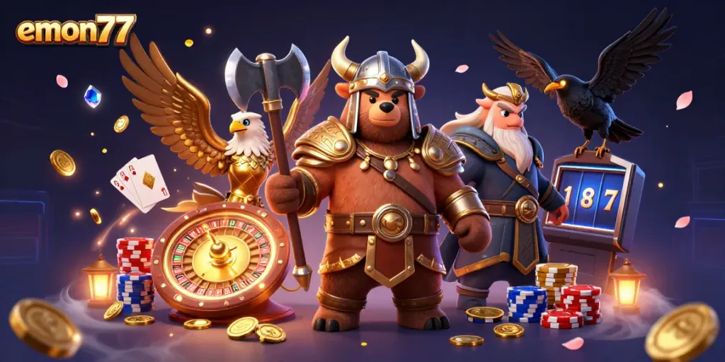 Bet on emon77 with immersive gaming featuring Viking characters and dynamic casino elements