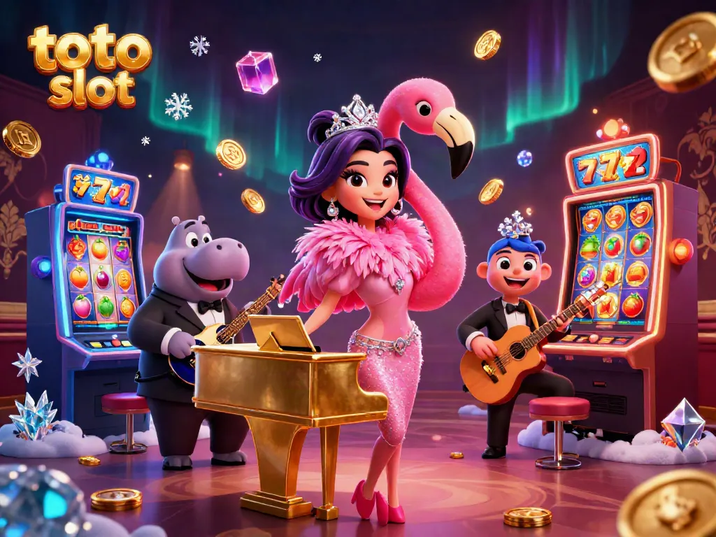 Mainkan toto slot dengan karakter kasino berwarna-warni dan mesin slot penuh gaya.