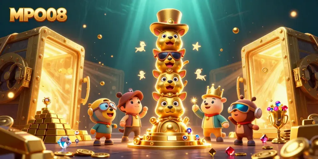 Experience the richness of MPO08 with golden treasures and vibrant casino elements shining brightly.