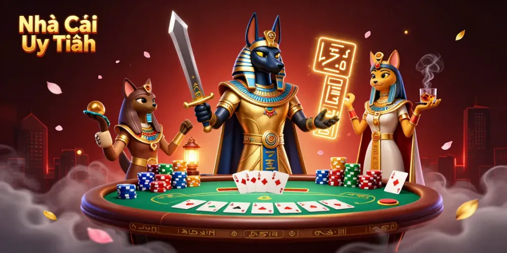 Engaging scene of Nhà Cái Uy Tín showcasing an Egyptian warrior and cat amidst a vibrant casino atmosphere.