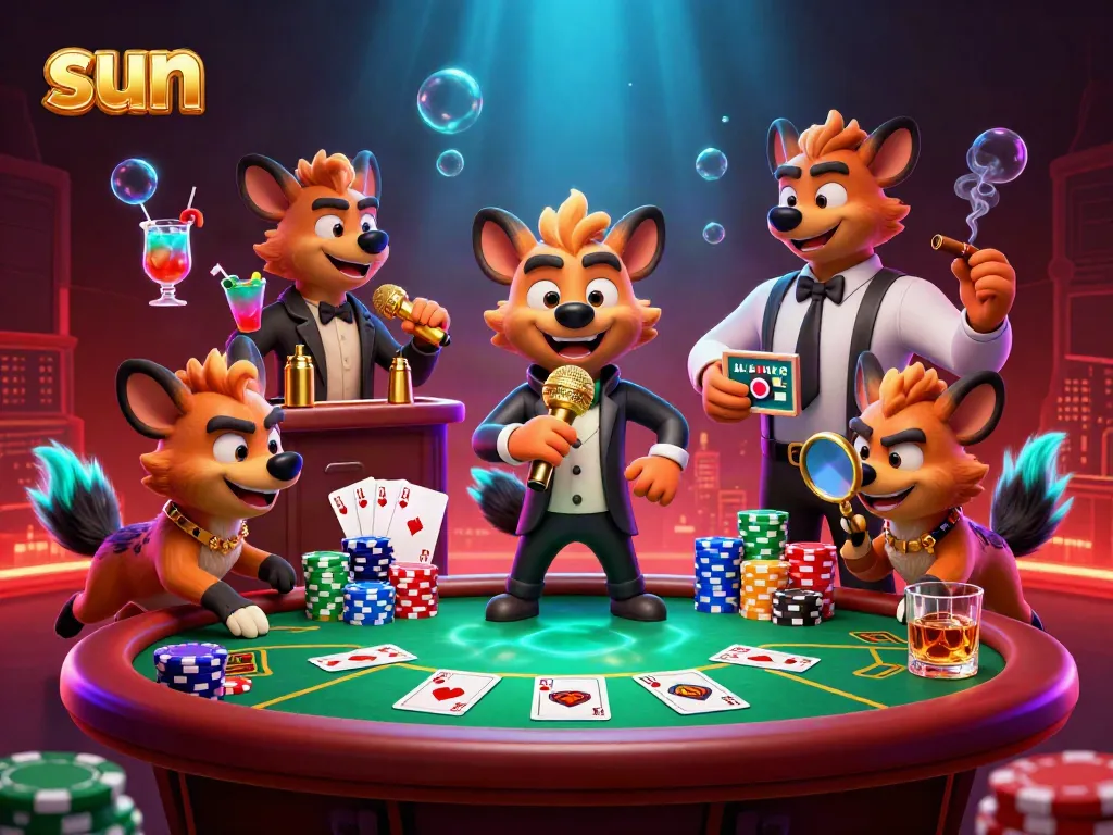 Watch the hyena comedians entertain at the sun-themed casino, where poker and fun collide!