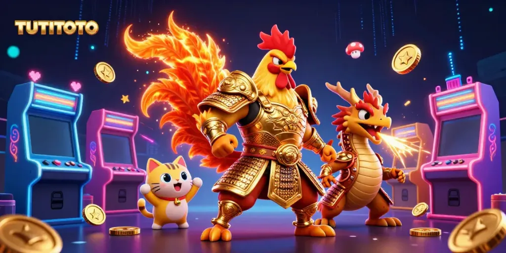 Experience thrilling gameplay with TUTITOTO's vibrant 3D illustration showcasing a fighting rooster warrior and a dragon hatchling.