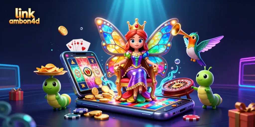 Engage with link ambon4d in this vibrant casino scene featuring a butterfly queen and slot games.
