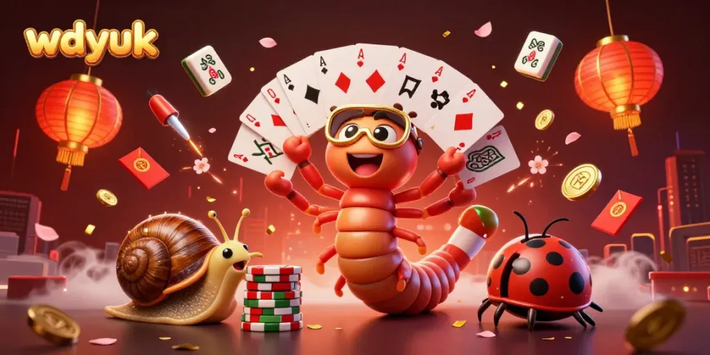 WDYUK showcases a vibrant scene of a cartoon millipede dealer and characters in a dynamic gambling environment.