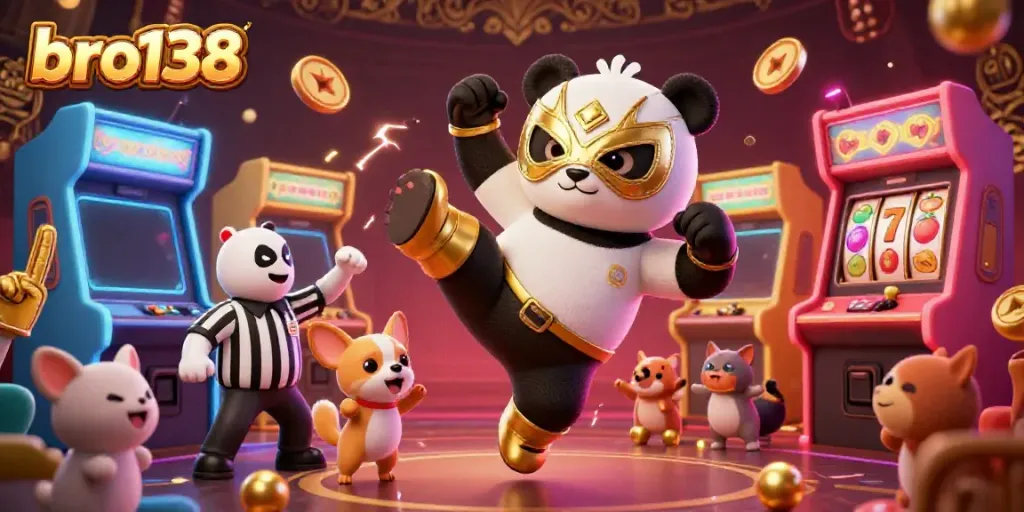 Experience amazing thrills at bro138 with a vibrant 3D scene of a panda wrestler and excited animal fans.