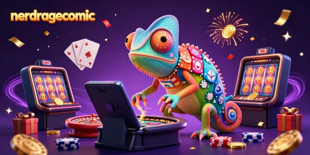 Gambarkan nerdragecomic dengan chameleon kasino yang unik, dikelilingi elemen permainan yang penuh warna.
