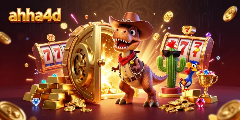 Mainkan game slot di ahha4d dengan dinosaur cowboy, harta karun, dan tampilan yang menarik.