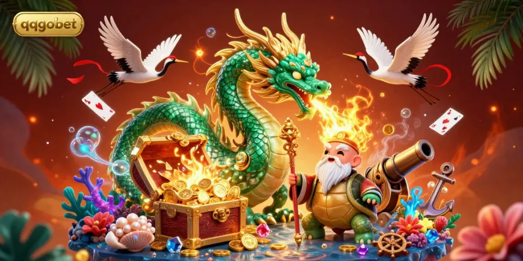 Experience the thrill of qqgobet with a stunning dragon and sage in a vibrant casino fantasy scene.