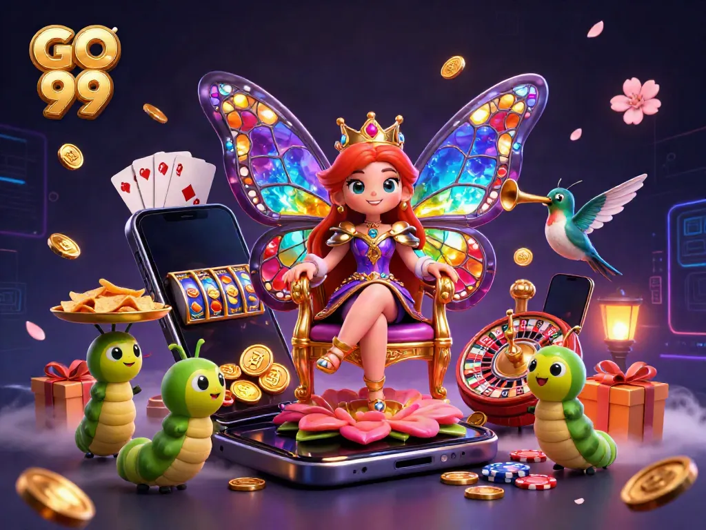 This vibrant GO 99 scene captures a cartoon butterfly queen amidst interactive slot game elements and joyful gambling motifs.
