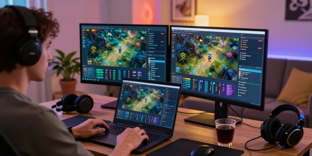 Akses lancar dan responsif Seributoto di lingkungan gaming online dengan pemain fokus pada laptop dan grafis menarik.