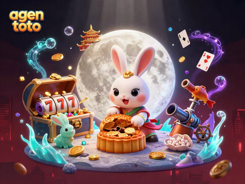 Gambar agen toto: Kelinci bulan menggiling kue bulan emas, terbuka mengungkap chip poker dalam ilustrasi kasino menawan.