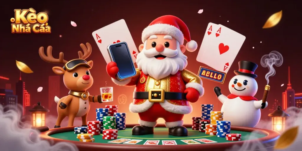 Kèo Nhà Cái showcases a festive casino scene with Santa, his reindeer, and a snowman amidst lavish poker elements.