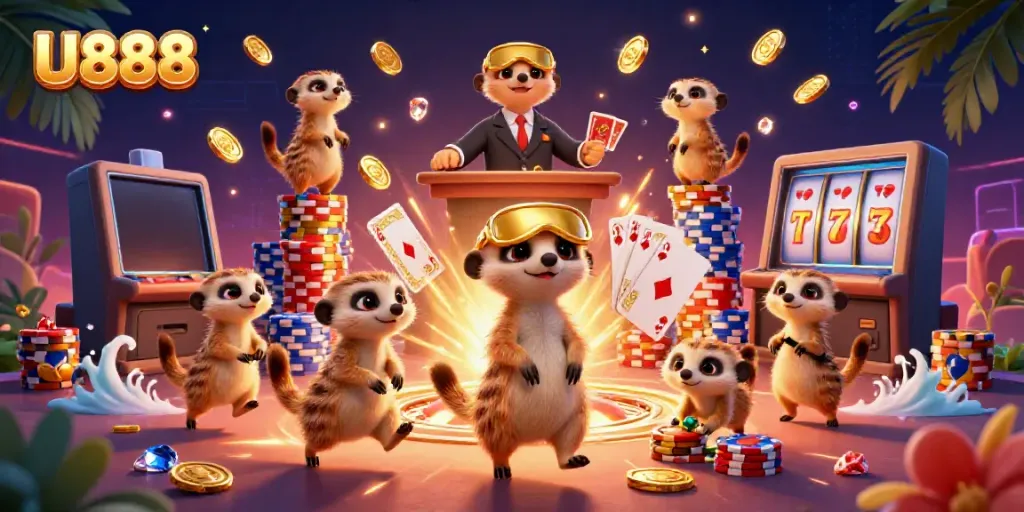 Experience U888 with energetic meerkats running a vibrant casino filled with excitement.