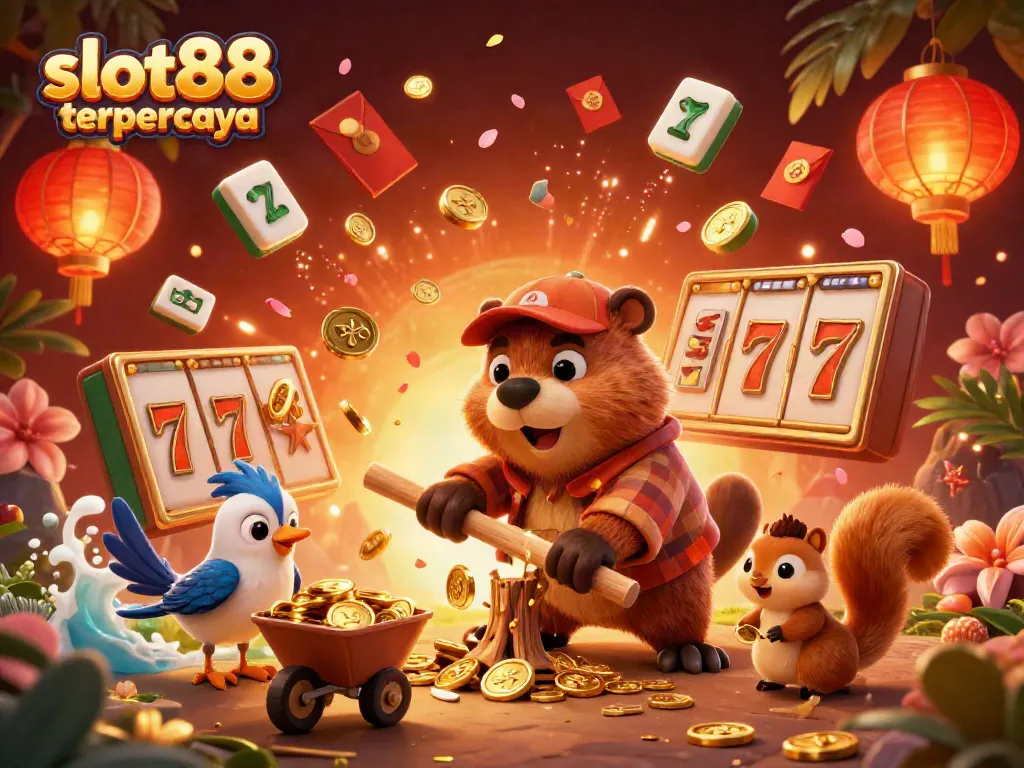 Experience excitement at slot88 terpercaya with golden coins raining down in this vibrant casino-themed illustration