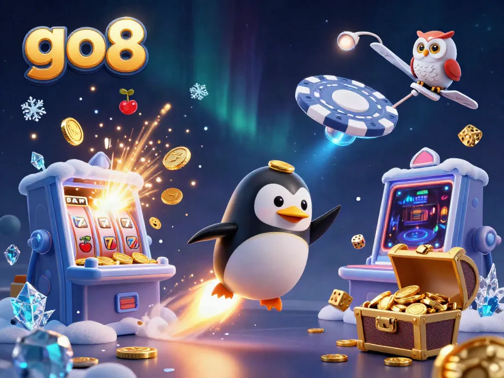 Engage with go8's vibrant gaming world in this rich 3D scene showcasing dynamic casino elements.