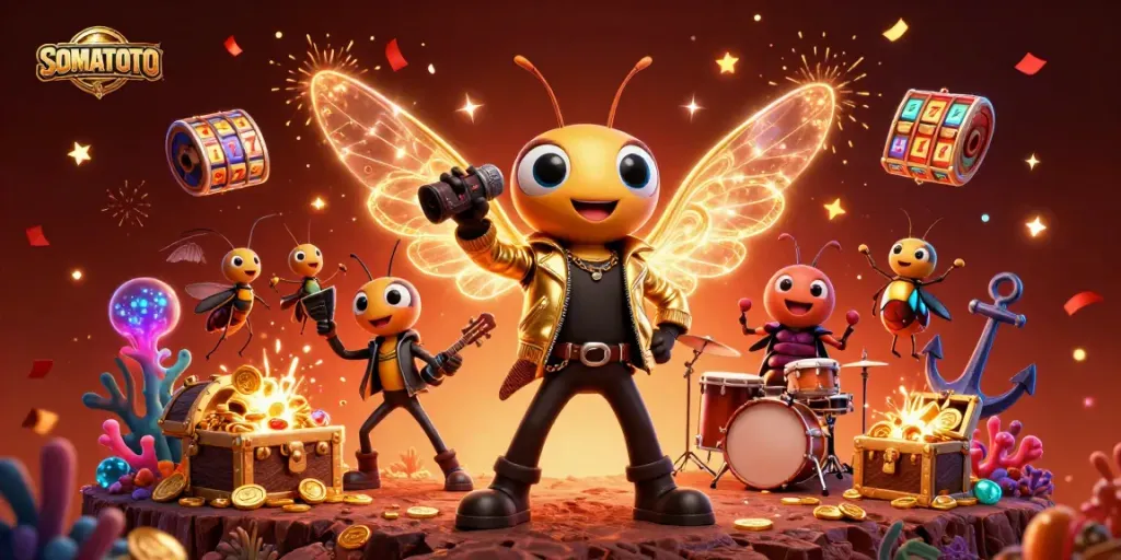 SOMATOTO brings life to slots with this vibrant 3D scene, featuring a rock star cicada and dynamic game elements.