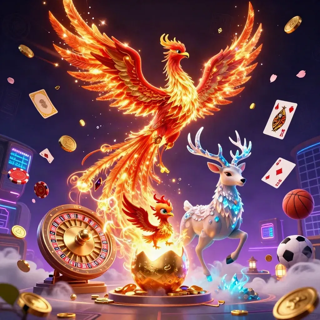 Phoenix emas, rusa kristal, dan koin neon di latar kasino futuristik.