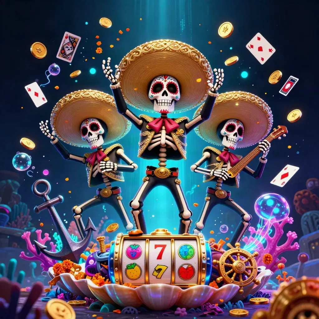 Tiga skeleton mariachi di koven harta bawah laut dengan neon cyan, emas, dan petir digital.
